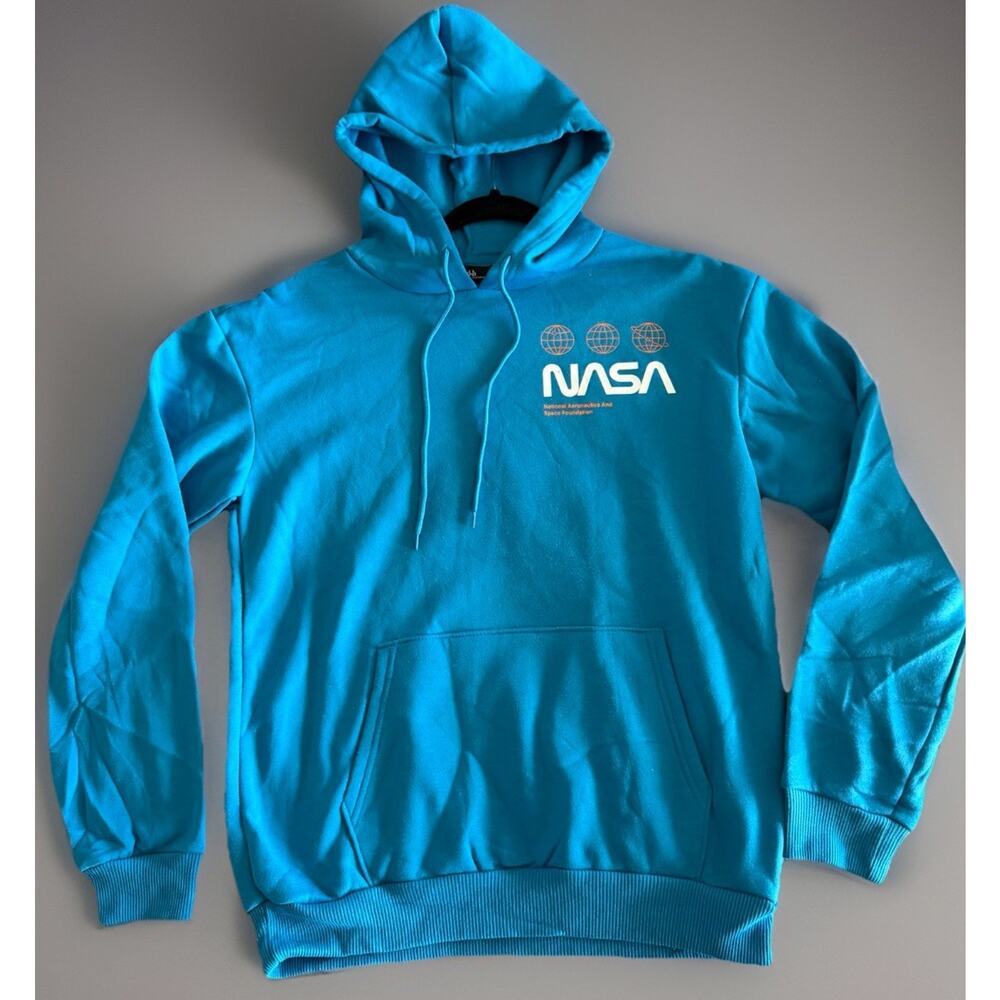 Hyper Space NASA Hoodie Sweatshirt Pullover Blue Graphic Space Shuttle Size M